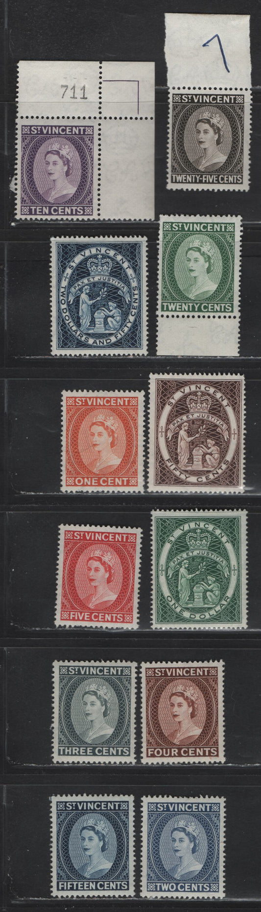 Lot 374 St. Vincent (C) SG#189-194a, 195-197, 198a, 199-200 1c-$2.50 Orange - Deep Blue Queen Elizabeth II - Arms, 1955-1963 Queen Elizabeth II & Arms Definitives Wmk Script CA, 11 Fine NH & VFNH Singles