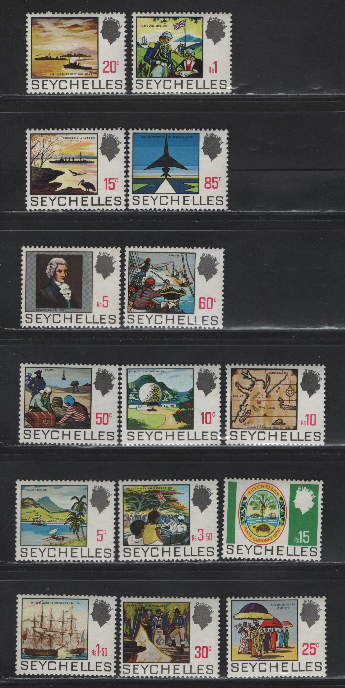 Lot 376 Seychelles (C) SG#262/279 5c-15r Multicoloured Picault's Landing - Badge of Seychelles (C), 1969-1975 Pictorial Definitives, 15 VFNH Singles