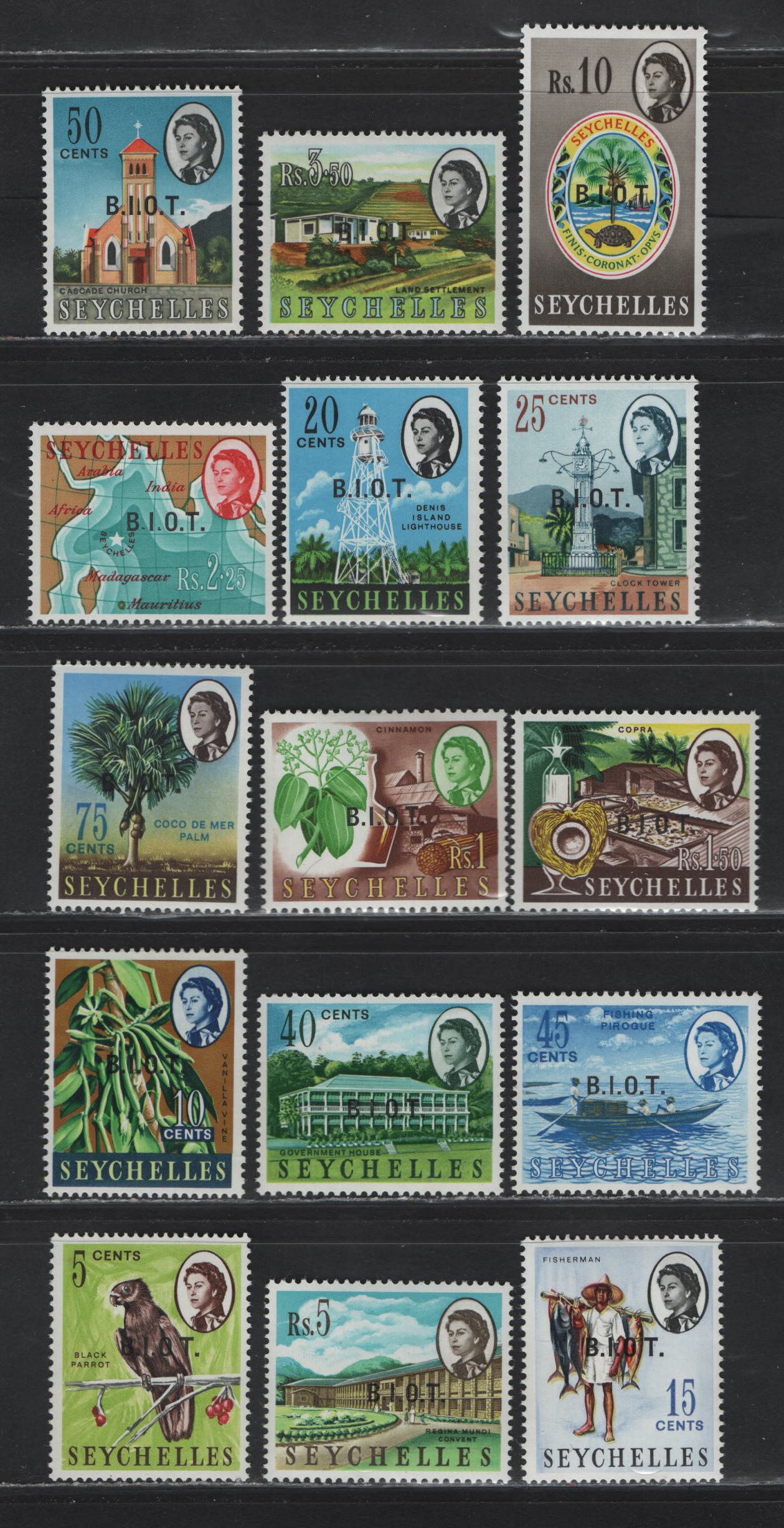 Lot 377 British Indian Ocean Territory  (C)  SG#1b, 2, 3b, 4-15 5c-10r Multicoloured Black Parrot - Colony's Badge, 1968 Overprinted Seychelles Definitive Issue, 15 VFNH Singles Including 3c & 15c With No Stop After "O" Varieties