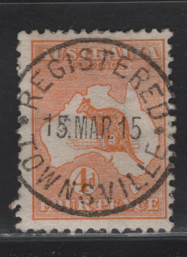 Lot 4 Australia  SG#6 4d Orange Kangaroo & Map, 1913-1914 Kangaroo & Map Issue, A Fine Used Single, Fine Centered Example With Beautiful SON March 15 1915 Townsville Registered Cancel