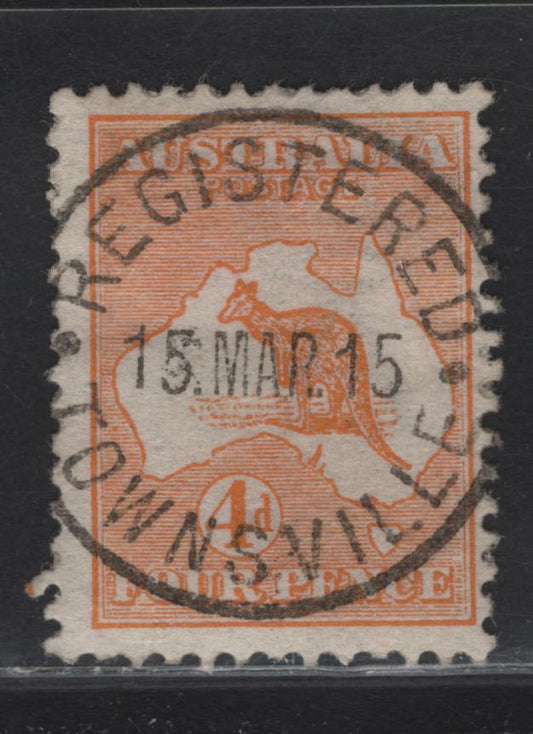 Lot 4 Australia  SG#6 4d Orange Kangaroo & Map, 1913-1914 Kangaroo & Map Issue, A Fine Used Single, Fine Centered Example With Beautiful SON March 15 1915 Townsville Registered Cancel