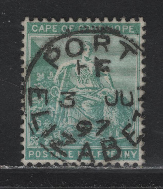 Lot 41 Cape of Good Hope (C)  SG#61a 1/2c Green Seated Hope, 1893-1898 Seated Hope Issue, A Very Fine Used Single, SON June 3 1897 Port Elizabeth CDS Cancel, new Colors, Wmk Cabled Anchor.