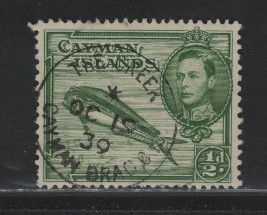 Lot 42 Cayman Islands (C)  SG#116 1/2d Green Dolphinfish, 1938-1948 Pictorial Issue, A Very Fine Used Single, Son December 19 1939 The Creek Cayman Brac CDS Cancel