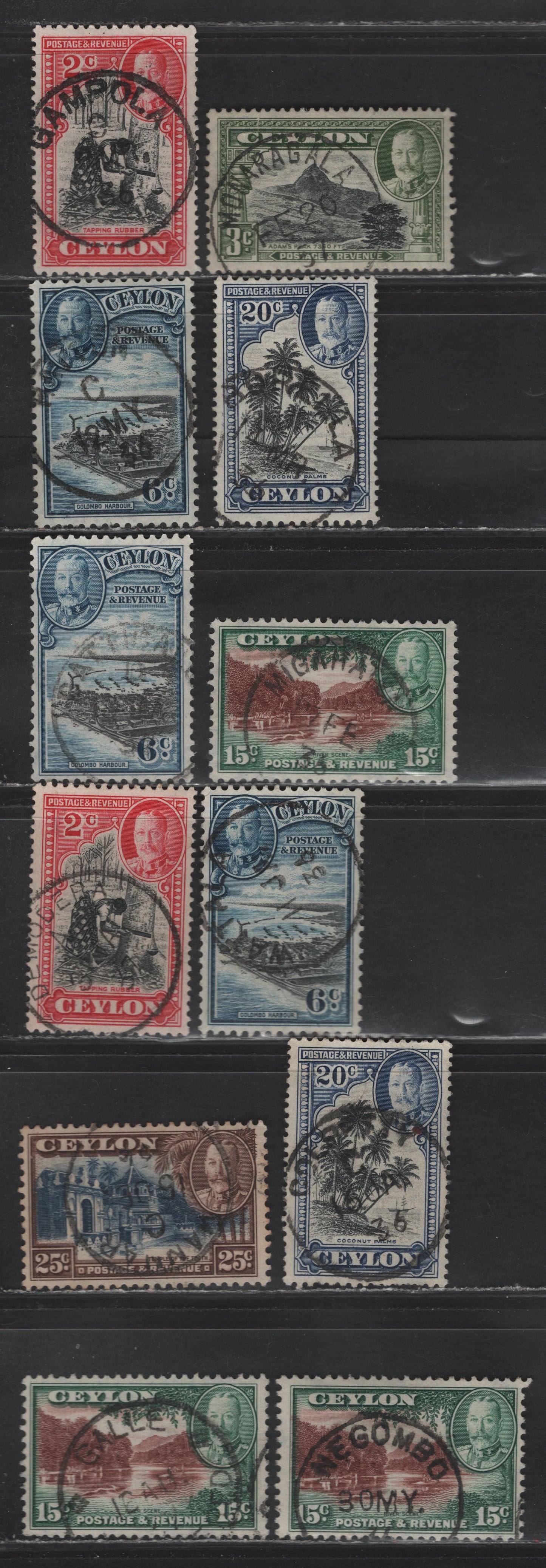 Lot 44 Ceylon (C) SG#368-670, 373-375 2c - 25c Black & Carmine - Deep Blue & Chocolate King George V, 1935-1936 KGV Pictorial Issue, 12 Fine/Very Fine Used Singles, SON Smaller Town Cancels