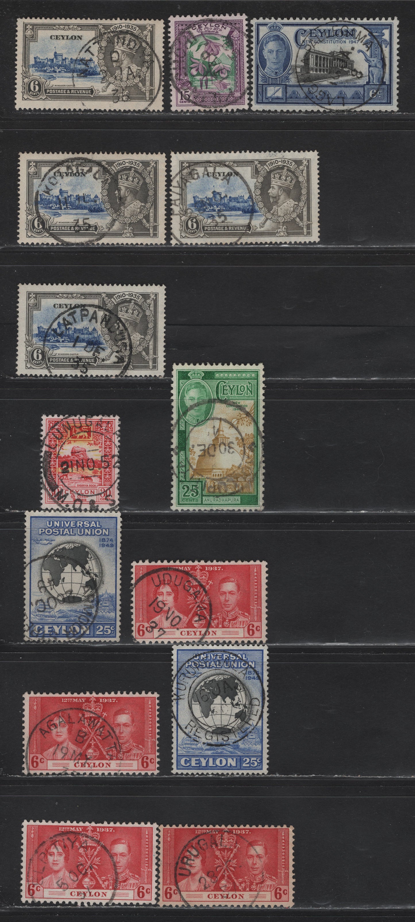 Lot 45 Ceylon (C) SG#379, 383, 402, 405, 412, 415-416 6c - 30c Ultramarine & Gray - Carmine & Yellow Silver Jubilee - Pictorials, 1935-1950 Silver Jubilee - Pictorial Definitives, 14 Fine/Very Fine Used Singles, SON Town Cancels Other Than Colombo