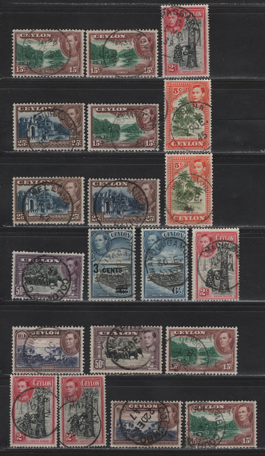 Lot 46 Ceylon (C) SG#386a,b, 387f,g, 388, 390, 392a, 394d,e, 395,a, 398 2c - 1r Black & Carmine - Blue Violet & Chocolate King George VI, 1938-1949 KGVI Pictorial Issue, 20 Fine/Very Fine Used Singles, Various Perfs & Small Town Cancels