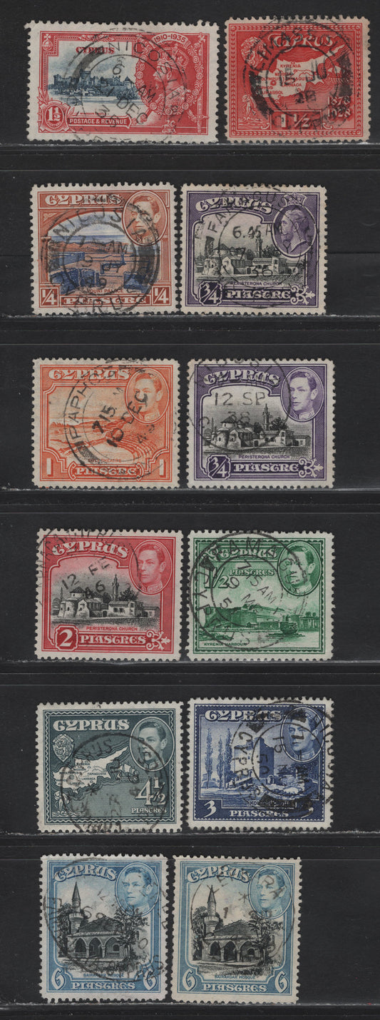 Lot 47 Cyprus (C) SG#125, 145,  135, 151, 153, 155ab,b, 154, 156a, 157-158 1.5pi - 6p Scarlet - Black & Light Blue 50th Anniv of British Rule - King George VI, 1928-1951 British Rule - KGVI Pictorial Issues, 12 Fine/Very Fine Used Singles, SON Cancels