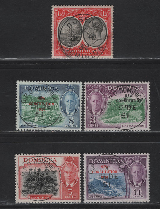 Lot 48 Dominica (C) SG#74, 135-138 1.5d - 14c Black & Scarlet - Blue & Violet Colonial Badge - New Constitution, 1923-1951 Colonial Badge - New Constitution Issues, 5 Fine/Very Fine Used Singles, All With SON & GPO Dominica & Rosseau CDS Cancels