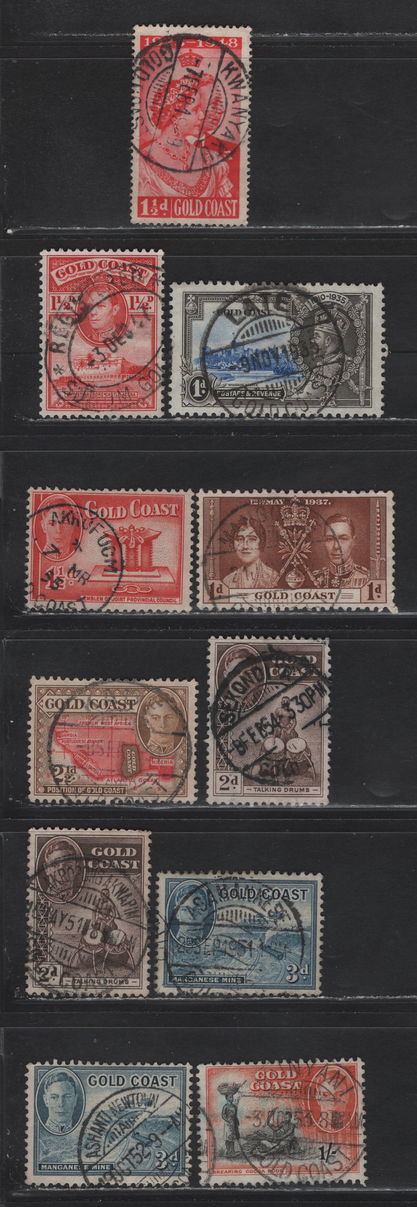 Lot 52 Gold Coast (C) SG#113, 117, 122a, 137-140, 143 1d - 1/- Ultramarine & Gray Black - Black & Vermillion Silver Jubilee - King George VI, 1935-1952 Silver Jubilee - KGVI Pictorial Definitives, 11 Fine/Very Fine Used Singles, SON CDS Cancels
