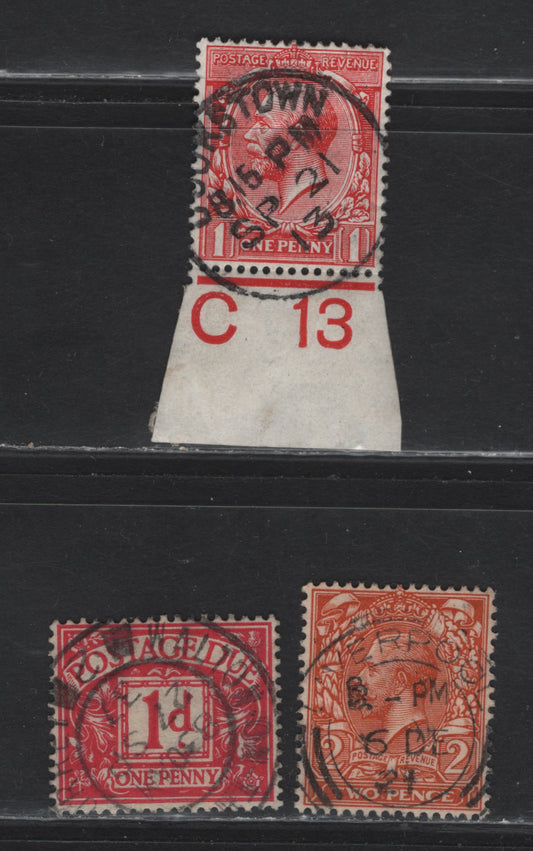 Lot 53 Great Britain (C) SG#357, 368, D11 1d - 2d Scarlet - Orange King George V - Numeral, 1913-1931 KGV Profile Head - Postage Dues, 3 Very Fine Used Singles, Royal Cypher &Block Cypher Wmks, SON Cookstown, Liverpool & Walton on Thames CDS Cancels