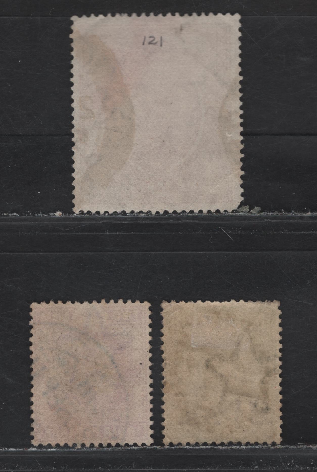 Lot 55 India (C) SG#102, 125, 215 2.5a on 4.5a - 2r Yellow Green - Carmine & Orange Surcharge - King George V, 1891-1933 Surcharged - KGV High Value Issues, 3 Fine/Very Fine Used Singles, Full or Partial Rangoon CDS Cancels or Squared Circle Cancels