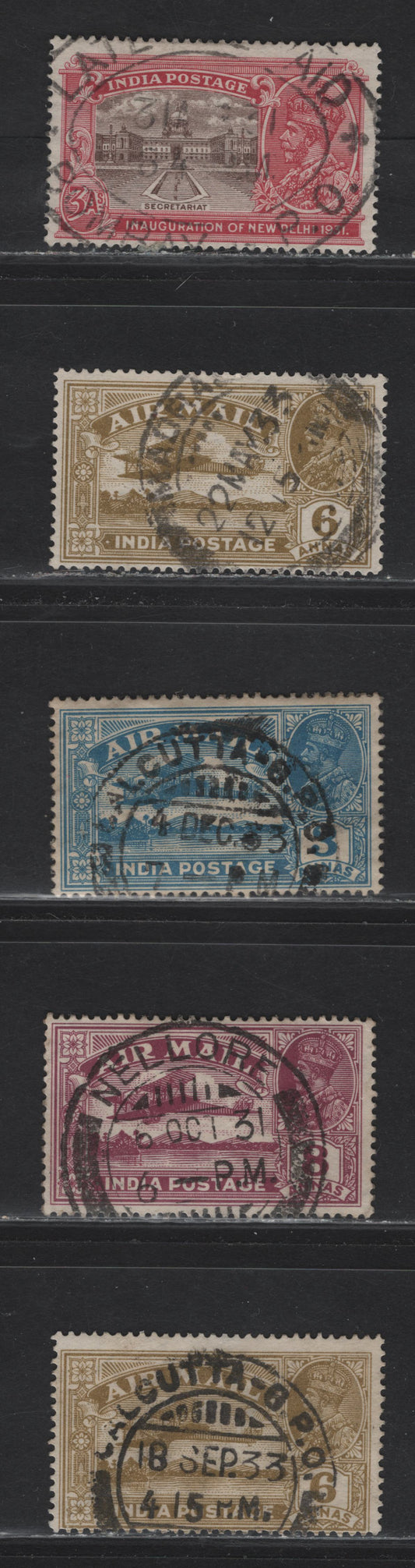 Lot 58 India (C) SG#221, 223-224, 230 3a Blue - Chocolate & Carmine Airmail - New Delhi, 1929-1931 Airmail - Inauguration of New Delhi Issues, 5 Fine/Very Fine Used Singles, SON CDS Cancels - Bombay Late Fee Paid Oval Cancel - Unusual