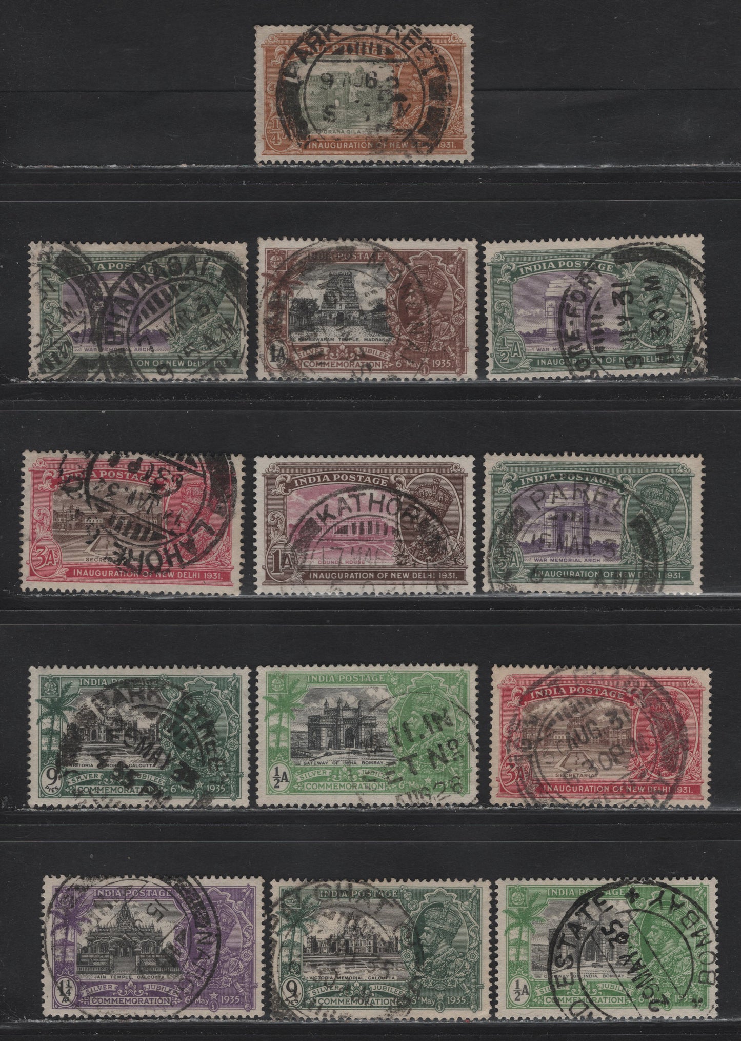 Lot 59 India (C) SG#226-228, 230, 240-243 1/4a - 1.25 Olive Green & Orange Brown - Black & Bright Violet New Delhi - Silver Jubilee, 1931-1935 New Delhi - Silver Jubilee Issues, 13 Fine/Very Fine Used Singles, Clear CDS Cancels