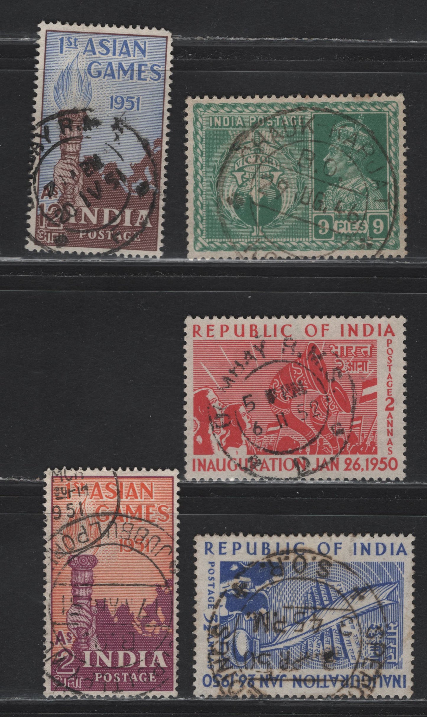 Lot 61 India (C) SG#278, 329-330, 335-336 9p - 12a Yellow Green - Chocolate & Light Blue Victory - Asian Games, 1946-1951 Victory - Asian Games Issues, 5 Very Fine Used Singles, SON Cancels