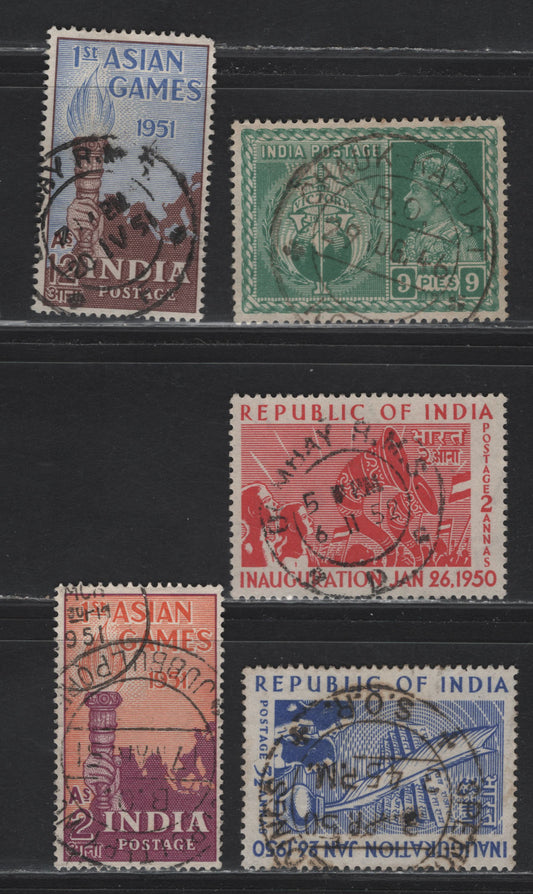 Lot 61 India (C) SG#278, 329-330, 335-336 9p - 12a Yellow Green - Chocolate & Light Blue Victory - Asian Games, 1946-1951 Victory - Asian Games Issues, 5 Very Fine Used Singles, SON Cancels