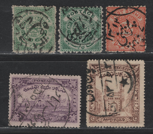 Lot 63 India - Hyderabad  (C) SG#13b, O22g, 35, 43-44 1/2a - 2a Orange - Violet Post Stamp - Pictorial, 1871-1931 Post Stamp - Pictorial Issues, 5 Very Fine Used Singles, SON Cancels, You Almost Never See SON Cancels On These Issues