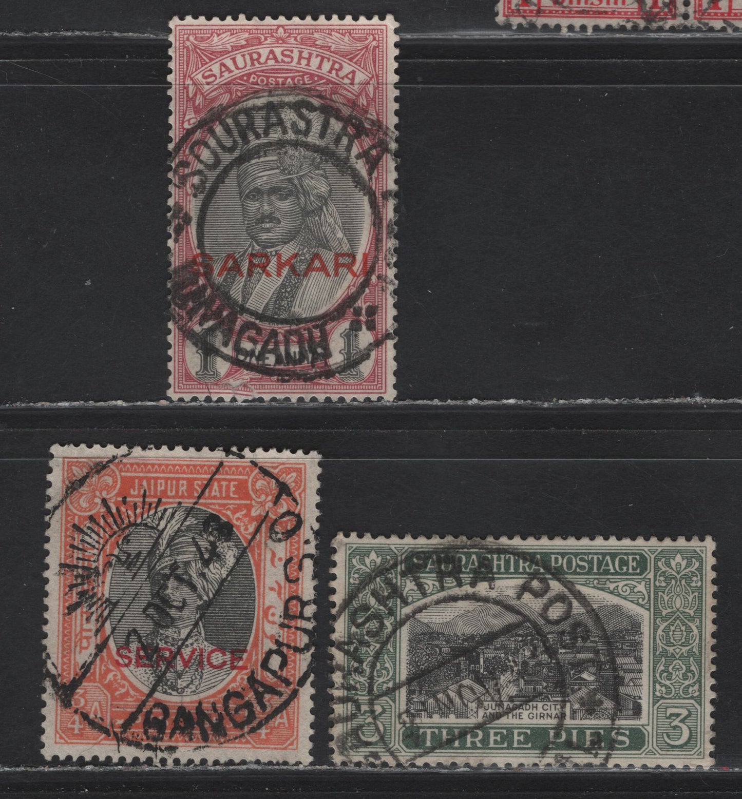 Lot 64 India - Jaipur & Soruth (C) SG#O3, O24, 49 3/4 - 1a Black & Brown Red - Black & Carmine Service & Sarkur Overprints, 1929-1946 Service & Sarkur Overprinted Issues, 3 Very Fine Used Singles, SON Cancels