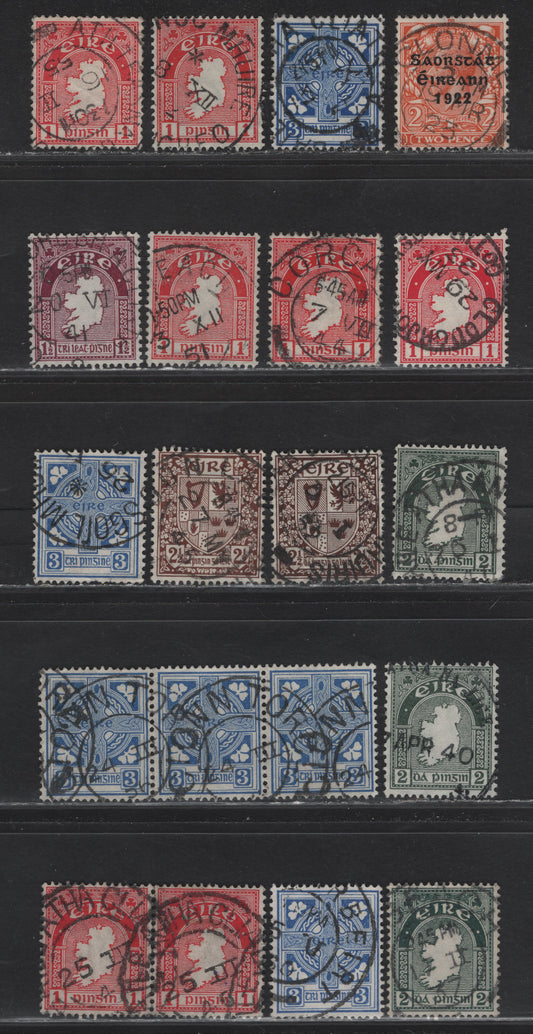 Lot 66 Ireland (C) SG#55, 72, 74, 112-113, 115-116 2d - 3d Orange - Blue Free State Overprints, 1922-1968 Irish Free State Overprints - Definitive Issues, 18 Fine/Very Fine Used Singles, Pair & Strip Of 3, SON Town Cancels, Multiple 'e' Wmk