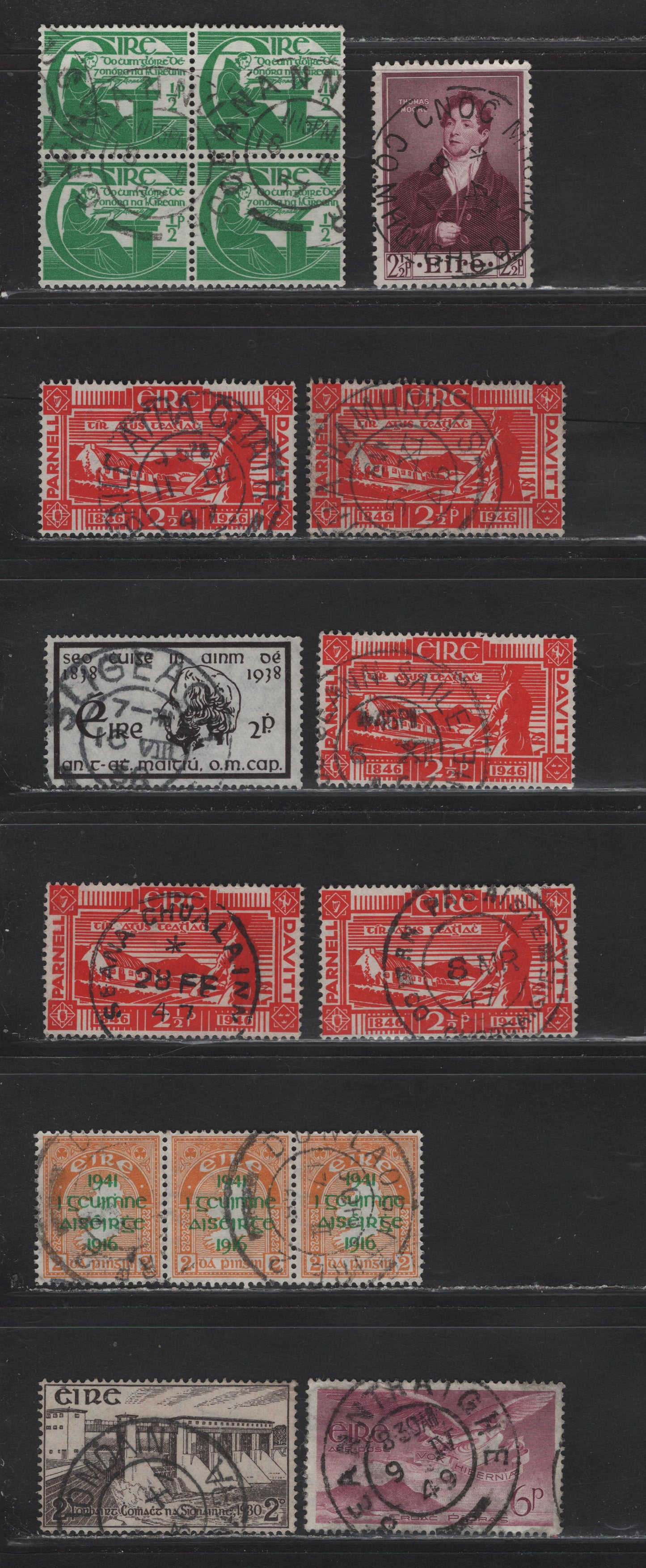Lot 67 Ireland (C) SG#92, 107, 138, 142, 126, 133, 152 2d - 2.5d  Shannon Hydroelectric - Thomas Nueore, 1930-1952 Shannon Hydroelectric - Thomas Nueore Issues, 11 Very Fine Used Singles, Strip of 3 & Block of 4, Full Strikes of SON Town Cancels