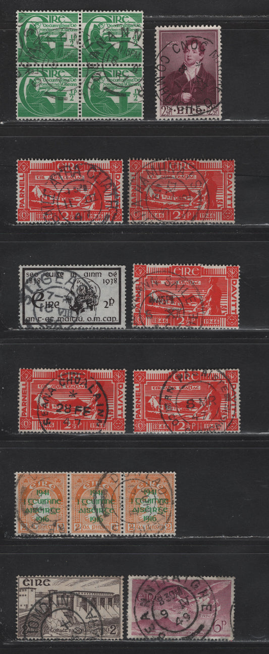 Lot 67 Ireland (C) SG#92, 107, 138, 142, 126, 133, 152 2d - 2.5d  Shannon Hydroelectric - Thomas Nueore, 1930-1952 Shannon Hydroelectric - Thomas Nueore Issues, 11 Very Fine Used Singles, Strip of 3 & Block of 4, Full Strikes of SON Town Cancels