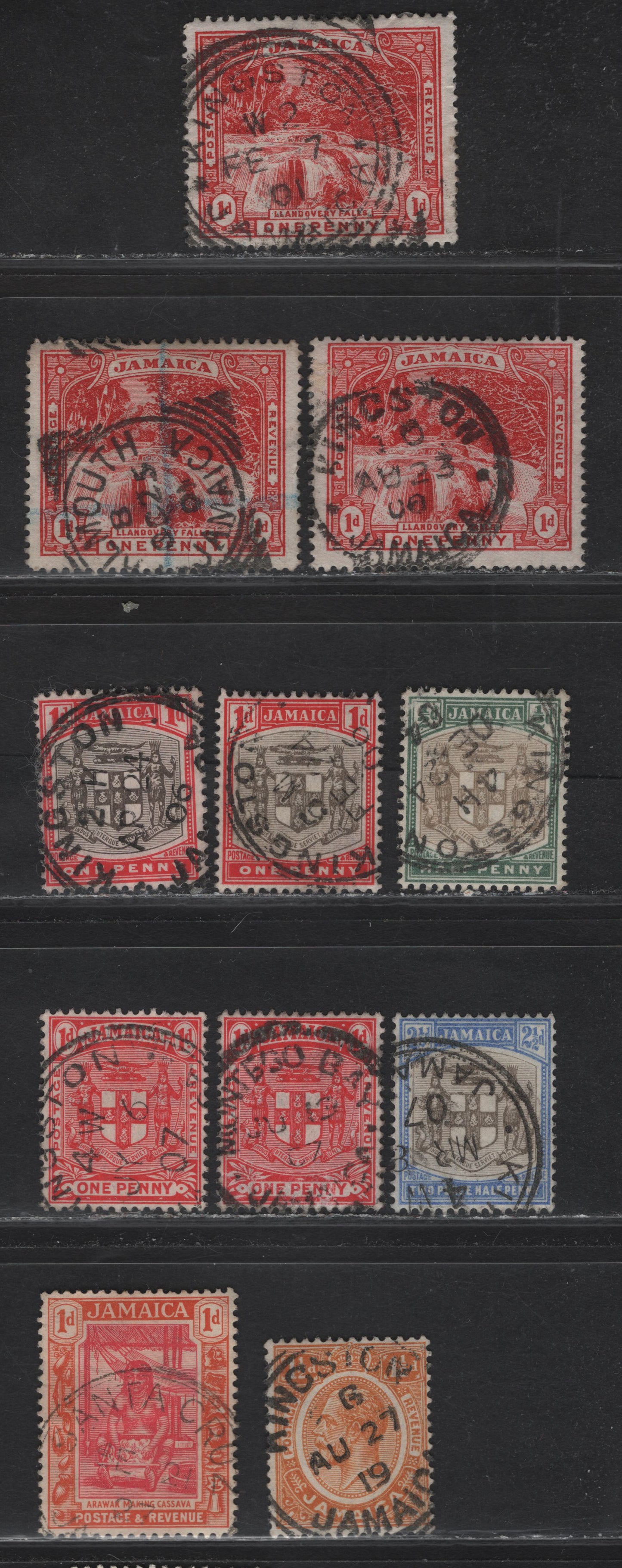 Lot 69 Jamaica (C) SG#31, 33-34, 39-40, 59, 95 1d Red- Carmine & Orange Llandovery Falls - Pictorials, 1900-1929 Llandovery Falls - Pictorial Issues, 9 Fine/Very Fine Used Singles, SON CDS & Squared Circle Cancels