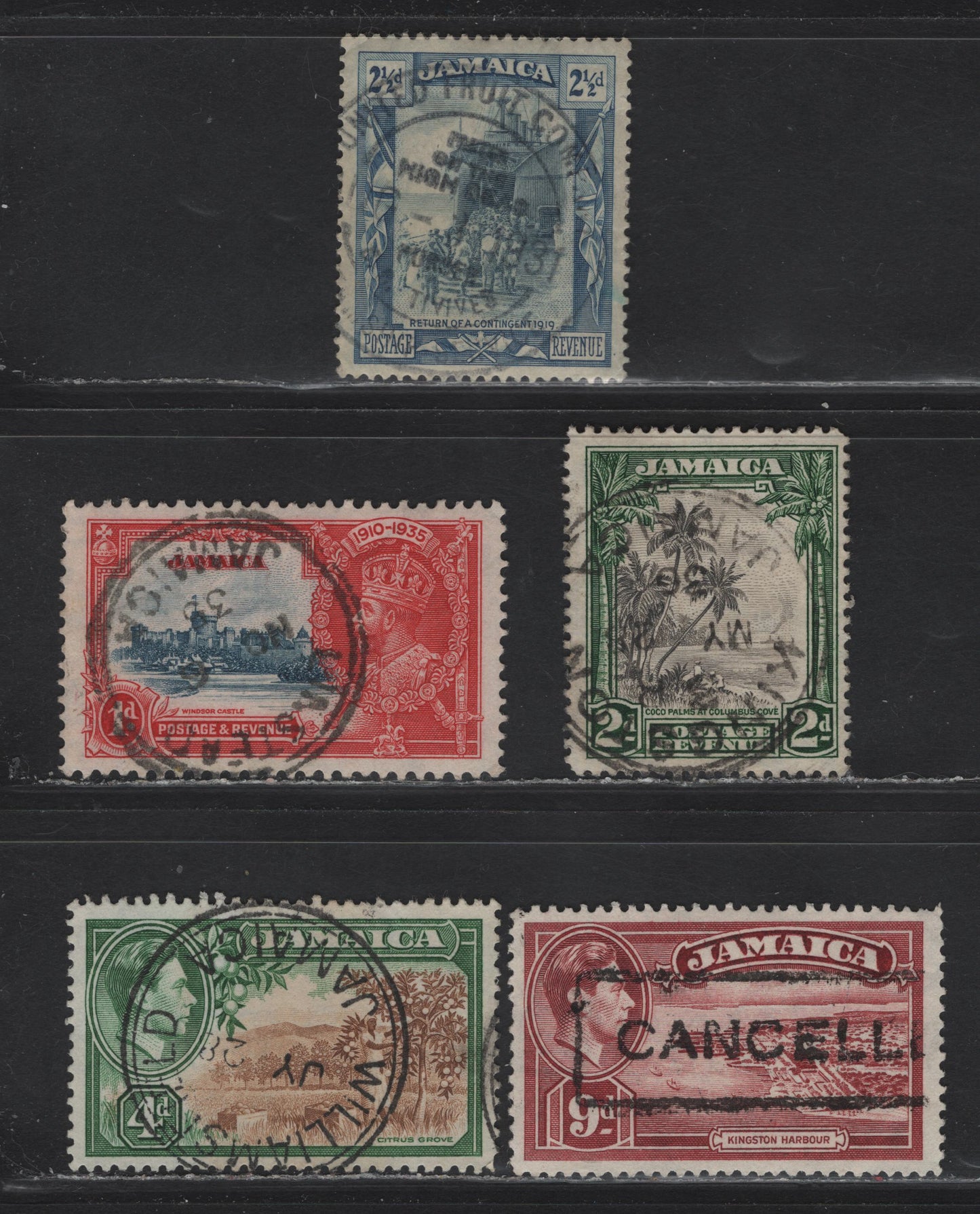 Lot 70 Jamaica (C) SG#98a, 111, 114, 127, 129 2.5d - 9d Dull Blue & Blue - Lake Pictorial - King George VI, 1921-1952 Pictorial - KGVI Issues, 5 Fine/Very Fine Used Singles, All With More Interesting SON Cancels