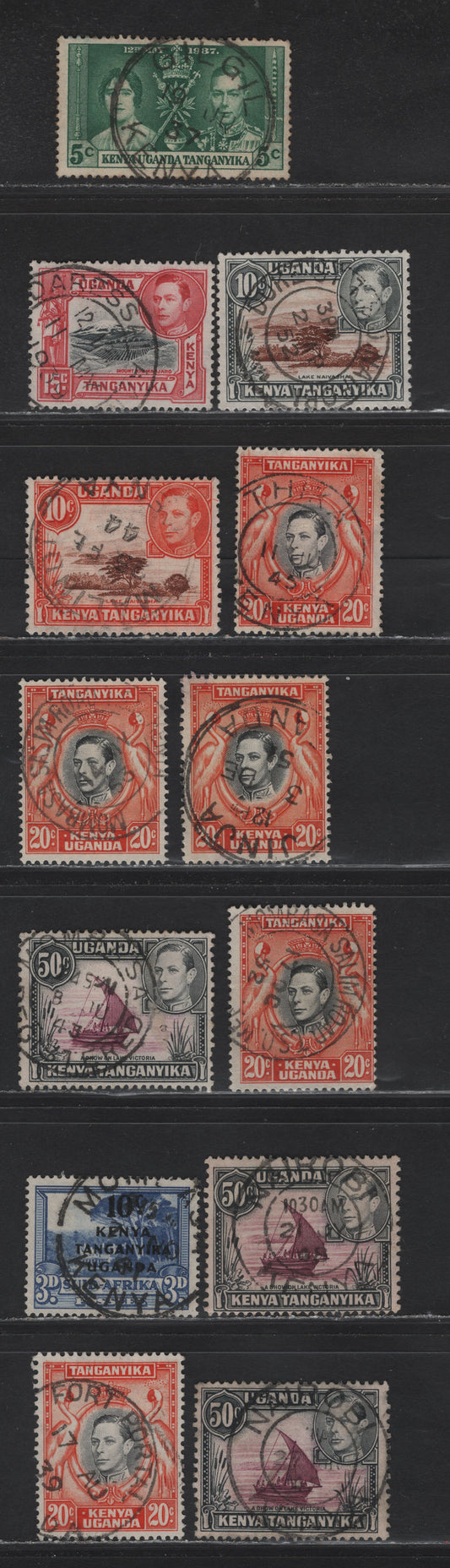Lot 72 K.U.T (C) SG#128, 134, 136-137, 139,b,ba 144,b-c 152 5c - 10c on 3d Green - Ultramarine Coronation - Surcharges, 1937-1941 Coronation - Surcharged Issues, 13 Fine/Very Fine Used Singles, SON Town Cancels