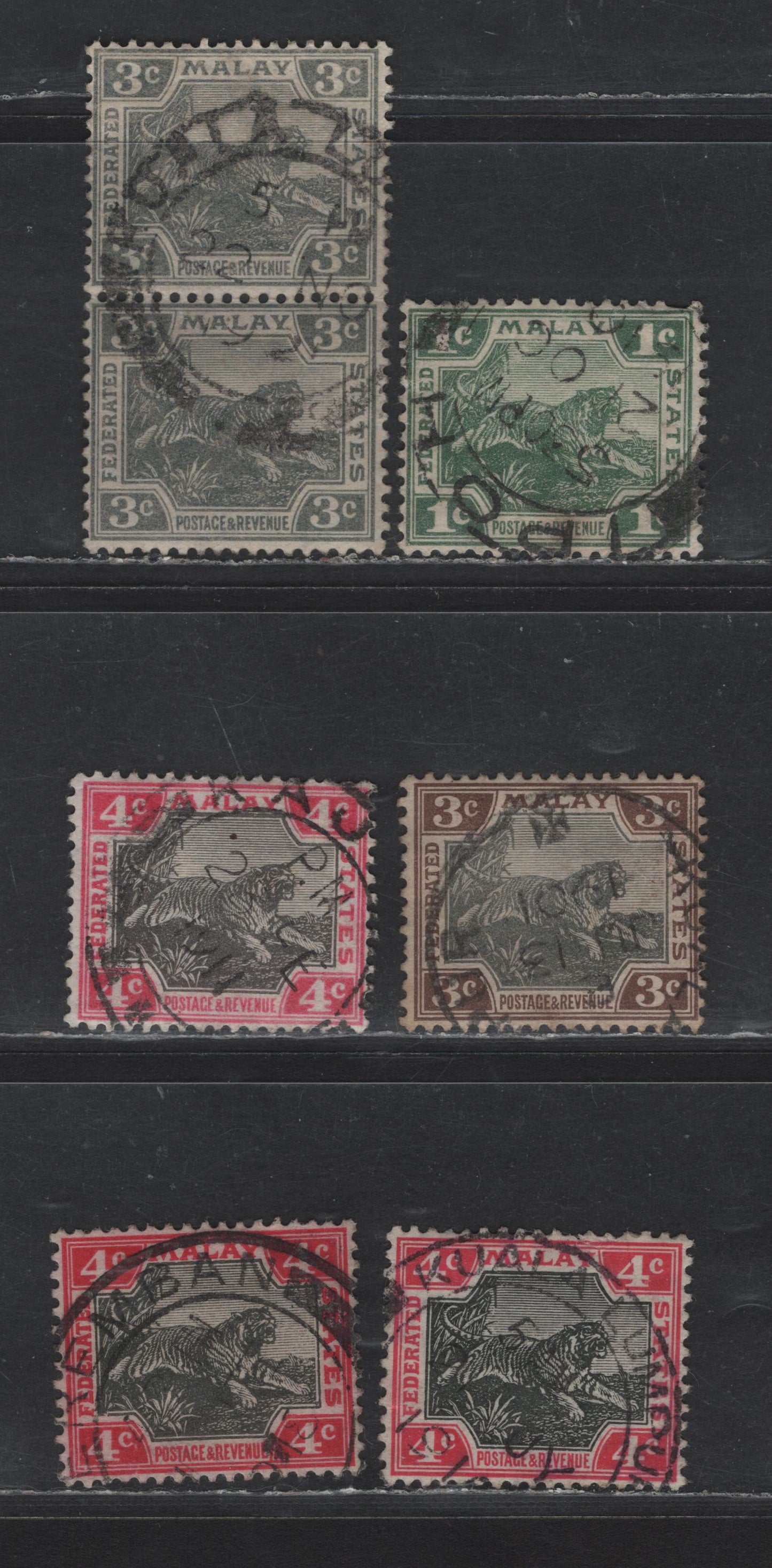 Lot 75 Straits Settlements SG#29, 32, 35, 36e 1c - 4c Green - Black & Deep Aniline Rose Tiger, 1904-1922 Tiger Keyplate Issue, 6 Fine/Very Fine Used Singles & Pair, Multiple Crown CA Wmk, Kuala Lumpor, Ipoh & Negri Sembilan Cancels