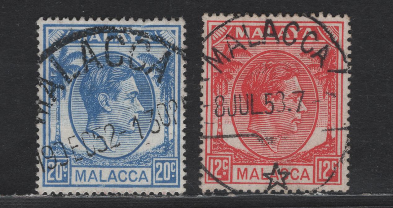 Lot 78 Malaya -Malacca (C) SG#9a, 11a 12c - 20c Scarlet - Bright Blue King George VI, 1949-1952 KGVI Keyplate Issue, 2 Very Fine Used Singles, SON December 19, 1952 & July 8 1953 Malacca Cancels