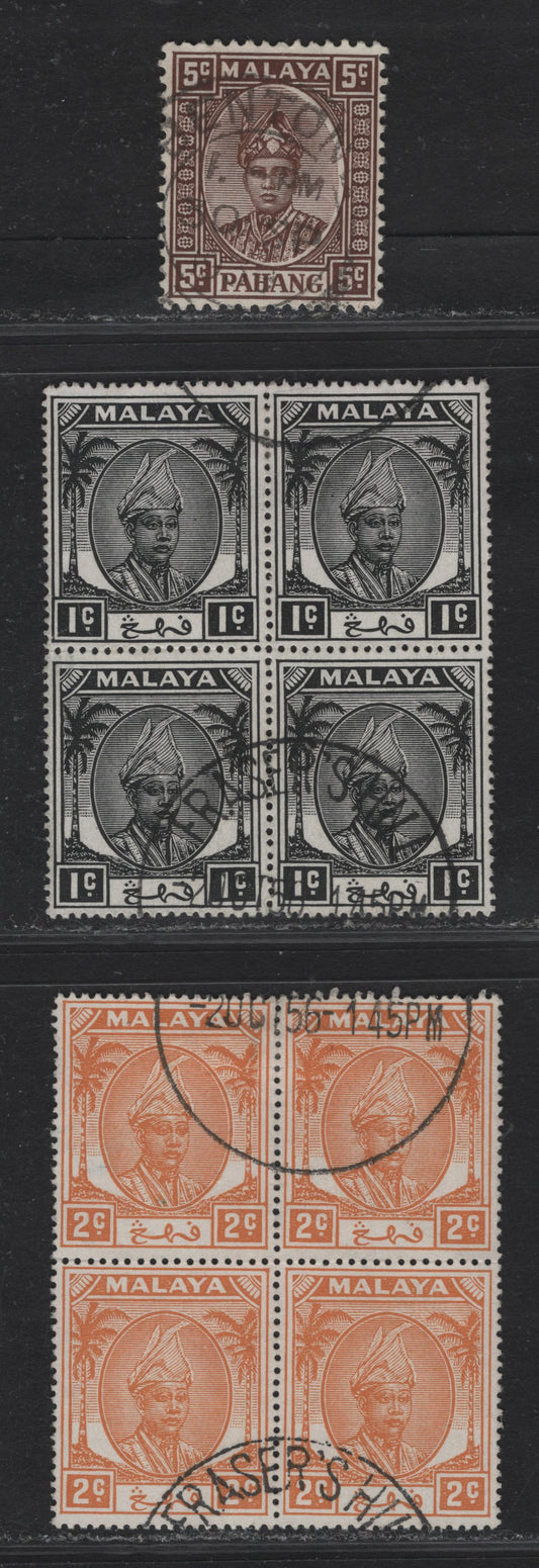 Lot 80 Malaya - Pahang (C) SG#33, 53-54   Sultan Sir Abu Bakur, 1935-1956 Sultan Sir Abu Bakur Issue, 3 Very Fine Used Single & Blocks Of 4, SON Cancel For Bentong Sept 30 1939 & Partial Strikes Of Fraser's Hill, Dated October 20 1956