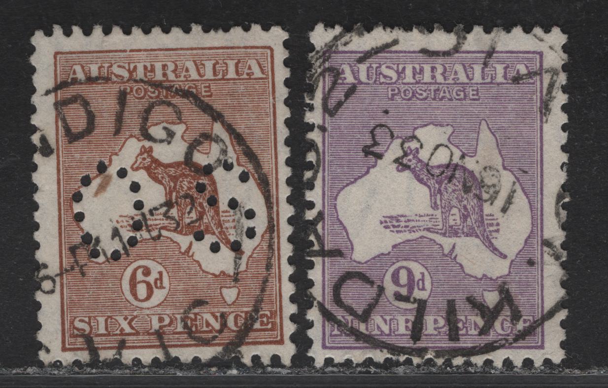 Lot 8 Australia (C)  SG#O114, 133 6d - 9d Chestnut Brown - Violet Kangaroo & Map, 1929-1934 Kangaroo & Map Issue, 2 Fine Used Singles, 6d Is Perf OS, Small Multiple & C of A Wmks, August 11 1932 Bendigo & Nov 16 1933 Klda St CDS Cancels For Victoria.