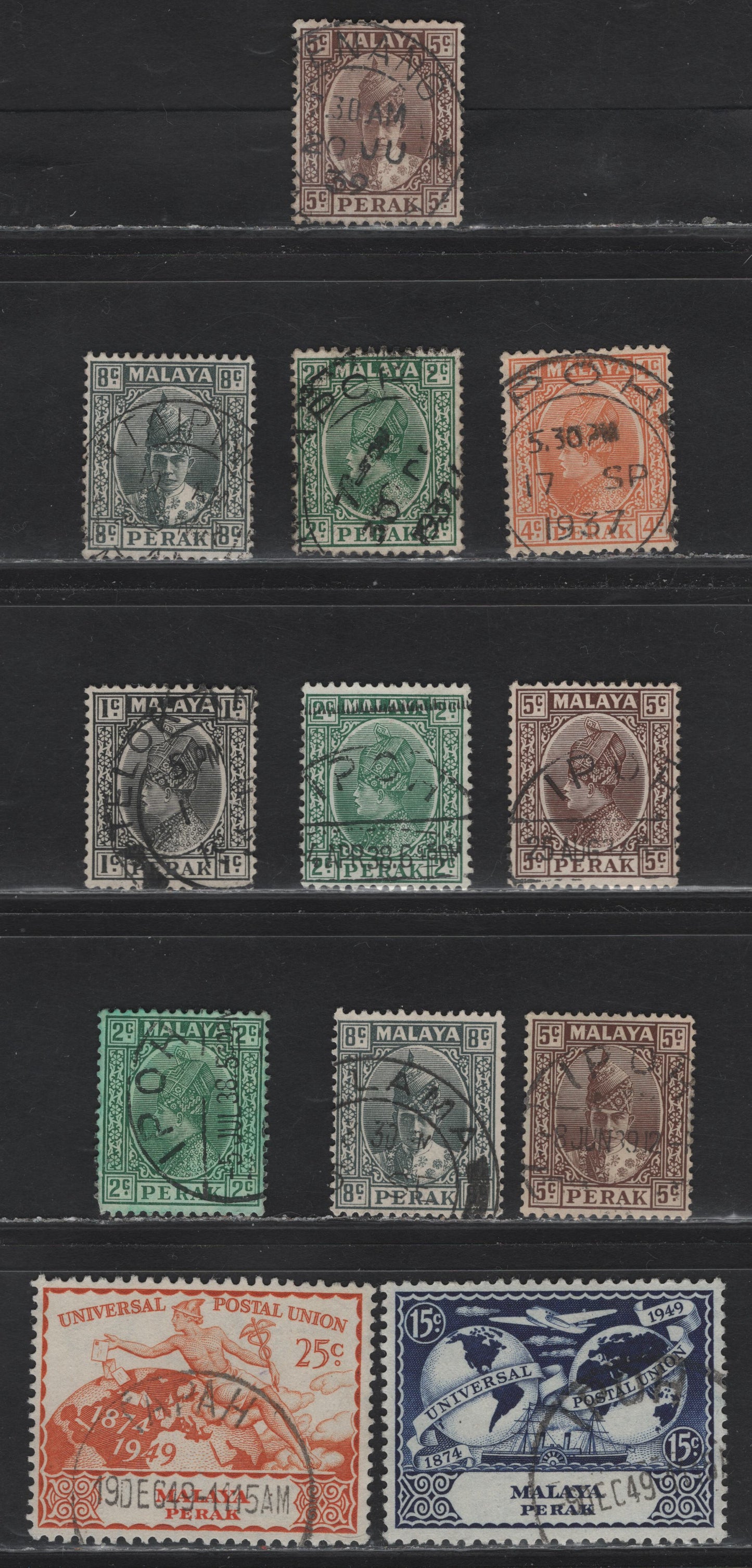 Lot 82 Malaya - Perak (C) SG#88-91, 108, 110, 126, 127 1c - 25c Black - Orange Sultan Iskandir - UPU, 1935-1949 Sultan Iskandir - UPU Issues, 12 Fine/Very Fine Used Singles, Full or Partial SON Cancels