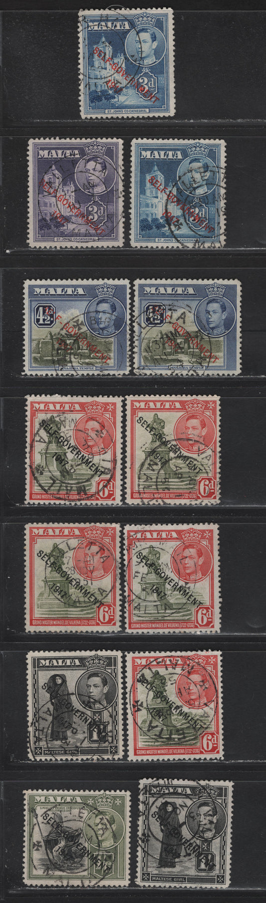 Lot 93 Malta (C) SG#240-a, 241a-244 3d - 1/6 Blue - Black & Olive Green King George VI, 1948-1953 KGVI Pictorials With Self Gov't Overprints, 13 Fine/Very Fine Used Singles, SON Town Cancles