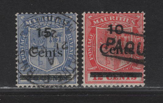 Lot 95 Mauritius (C) SG#243-244 10c on 12c - 15c on 20c Carmine Red - Blue Coat of Arms, 1925 Surcharged Coat of Arms Issue, 2 Fine/Very Fine Used Singles, SON Paquebot & Quatre Bornes Cancellations