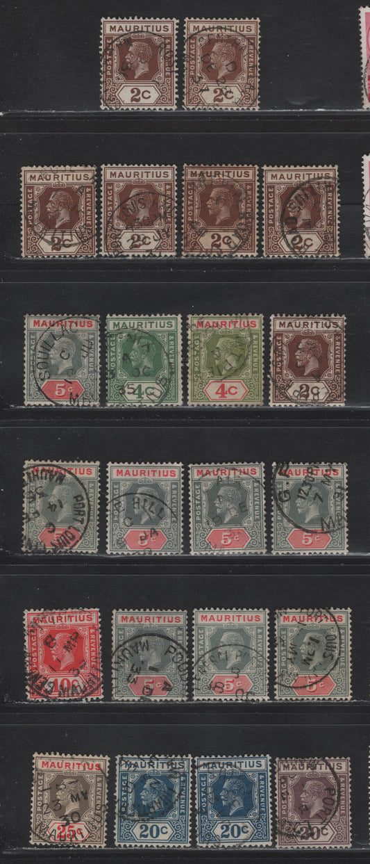 Lot 96 Mauritius (C) SG#224, 226,c, 227-a, 230, 234, 235a, 236 2c - 25c Brown - Black & Red on Yellow King George V, 1921-1934 KGV Imperium Issue, 22 Fine/Very Fine Used Singles, CDS Town Cancels