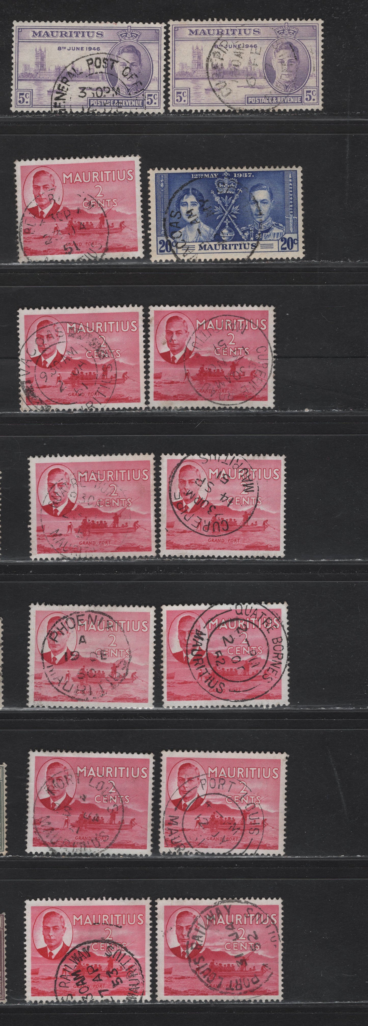 Lot 97 Mauritius (C)   SG#251, 264, 277 20c - 2c Bright Blue - Rose Carmine Coronation - King George VI, 1937-1950 Coronation - KGVI Pictorial Issue, 14 Very Fine Used Singles, SON Town Cancels