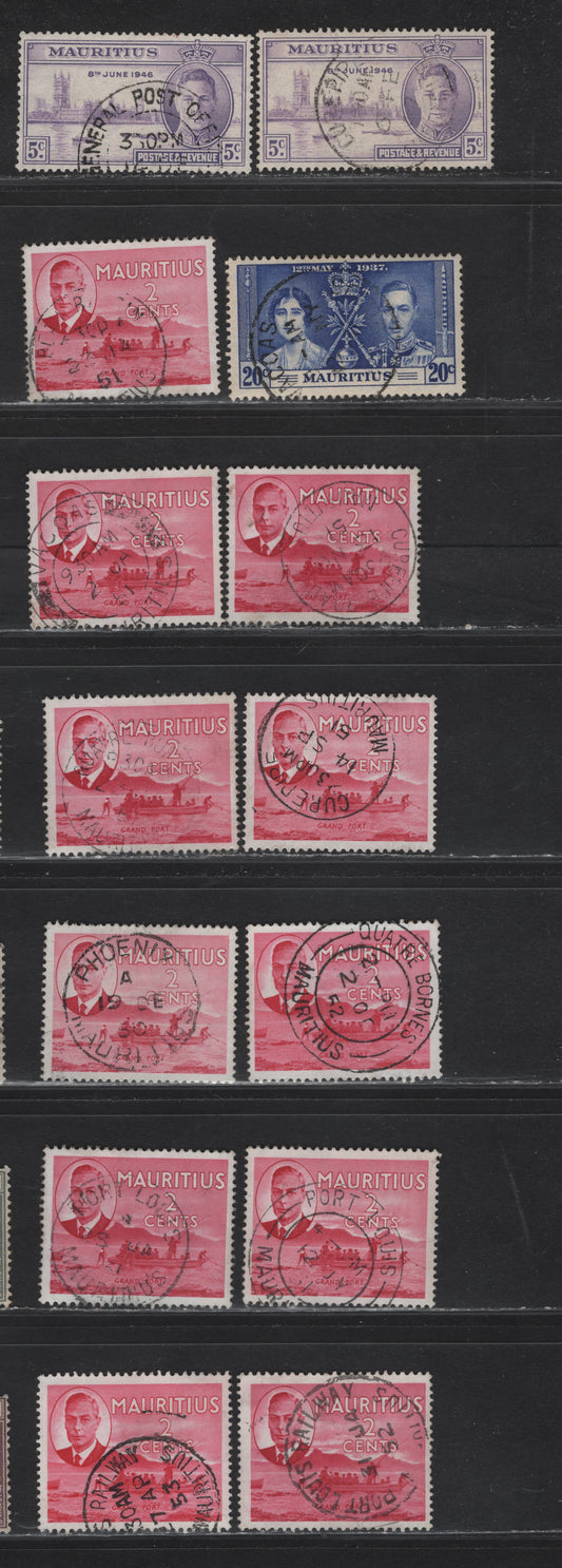Lot 97 Mauritius (C)   SG#251, 264, 277 20c - 2c Bright Blue - Rose Carmine Coronation - King George VI, 1937-1950 Coronation - KGVI Pictorial Issue, 14 Very Fine Used Singles, SON Town Cancels