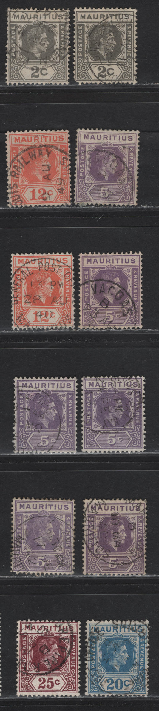 Lot 99 Mauritius   (C)  SG#252, 255,a, 257-258, 259b 2c - 25c Olive Gray - Brown King George VI, 1938-1949 KGVI Imperium Keyplate Issue, 12 Fine/Very Fine Used Singles, SON Town Cancels