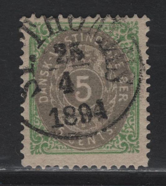 Lot 100 Danish West Indies SC#8 5c Green & Gray Numeral - Newspaper, 1874-1879 Numeral Issue, A Fine Used Single, SON April 25 1894 St Thomas Cancel