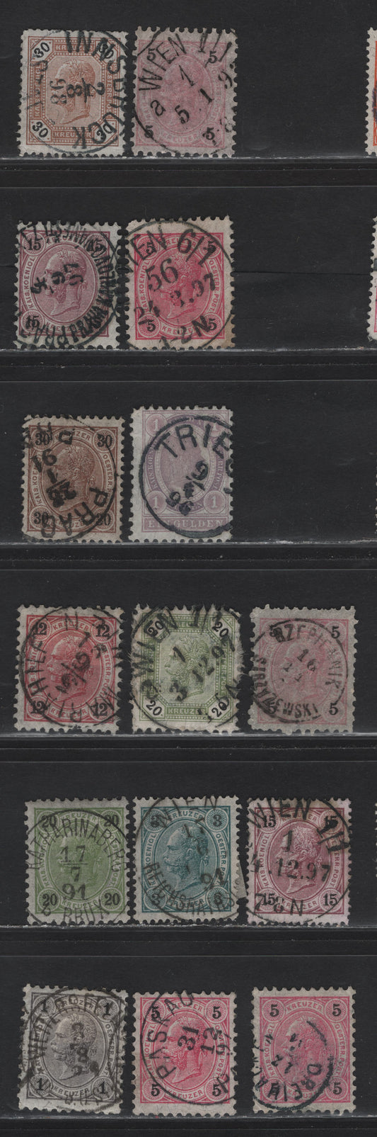 Lot 10 Austria SC#51, 53-54, 56-58, 60, 63, 66, 68 1kr - 1gld Dark Gray - Pale Lilac Franz Josef - Arms, 1860-1864 Franz Josef Sideface Issue, 15 Fine/Very Fine Used Singles, Kreuzer Currency, All With SON Cancels