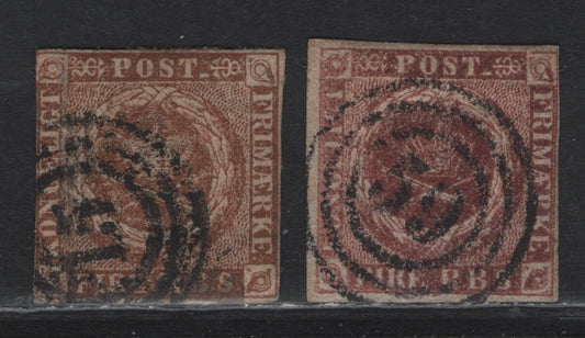 Lot 101 Denmark SC#2 4rs Brown - Red Brown Royal Emblems, 1851 Royal Emblem Issue, 2 Very Good/Fine Used Singles, SON 3 Ring #59 - Rudkjobing & Clear Strike Of #15 Cancel For Faaborg