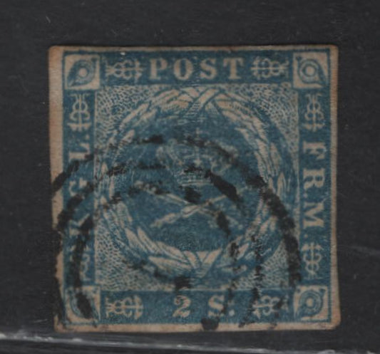 Lot 102 Denmark (C) SC#3 2s Blue Royal Emblems, 1851 Royal Emblem Issue, A Fine Used Single, Dotting In Spandrels, Margins Clear But Close All Around, #1 3 Ring Cancel For Kjoberhaun.