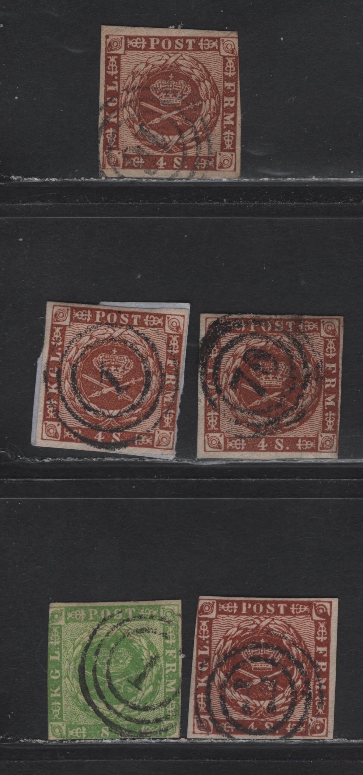 Lot 103 Denmark (C) SC#5a, 7a 8s - 4s Yellow Green - Brown Royal Emblems, 1854-1862 Royal Emblem Issue, 4 Very Good/Fine Used Singles, Dotting In Spandrels & Wavy Lines, SON 3 Ring Numeral Cancels