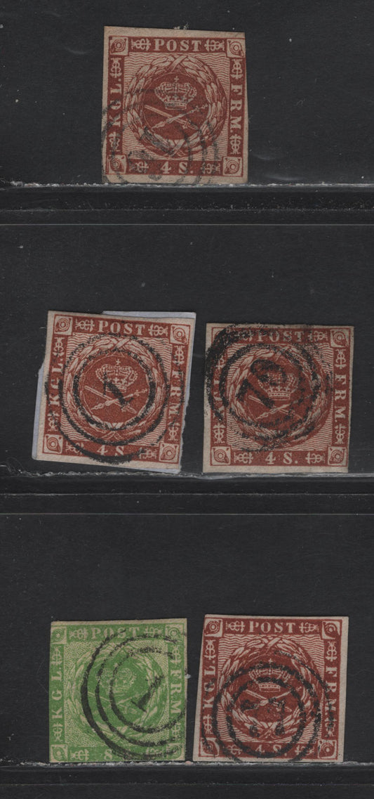 Lot 103 Denmark (C) SC#5a, 7a 8s - 4s Yellow Green - Brown Royal Emblems, 1854-1862 Royal Emblem Issue, 4 Very Good/Fine Used Singles, Dotting In Spandrels & Wavy Lines, SON 3 Ring Numeral Cancels