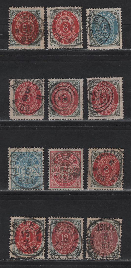 Lot 104 Denmark SC#26, 28-a, 29-a, 39-40 4o - 20o Slate & Blue - Blue Numeral, 1875-1879 Numeral Issue, 12 Fine/Very Fine Used Singles, Wmk 112, Perf 14x13.5, SON Town & Numeral Cancels.