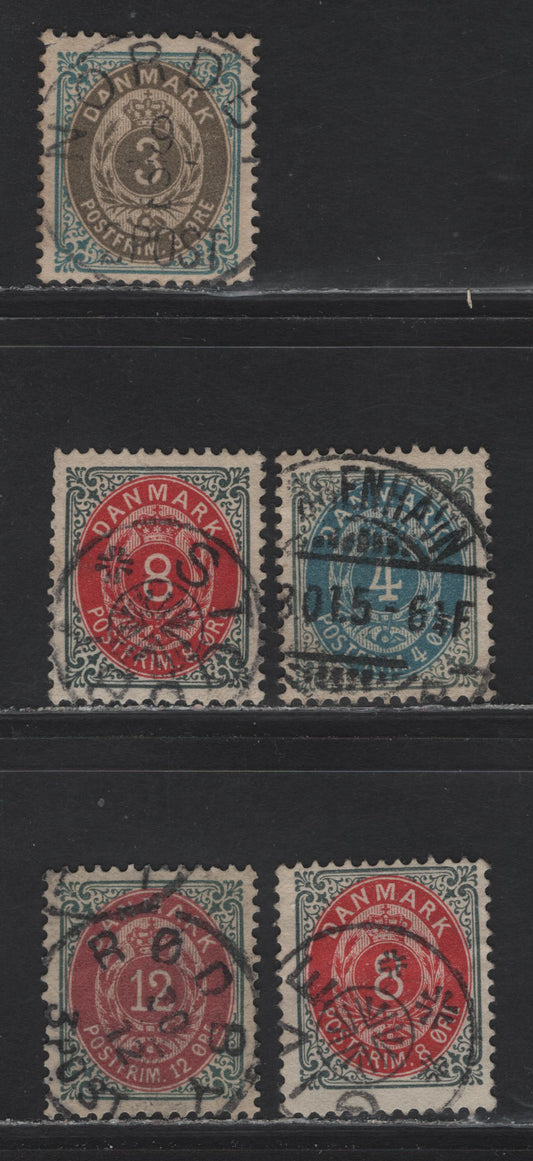 Lot 106 Denmark SC#41b, 42d, 46a, 44a 3o - 12o Blue & Gray - Slate & Dull Lake Numeral & Arms, 1895-1901 Numeral & Arms Issue, 5 Fine/Very Fine Used Singles, Perf 13, Inverted Frame, All With SON Town Cancels.