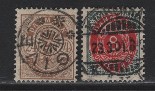 Lot 107 Denmark SC#44a, 49 24o - 8o Brown - Slate & Red Numeral & Arms, 1895-1901 Numeral & Arms Issue, 2 Fine/Very Fine Used Singles, Perf 13, 8o Has Inverted Frame, SON CDS Cancels.