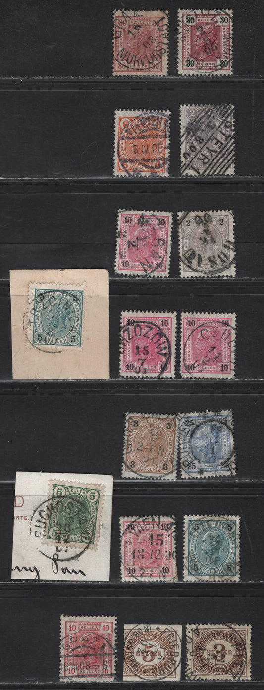 Lot 11 Austria SC#J14, J24, 71-73, 75, 77-78, 84, 89, 91-92, 97 3h - 2k Brown - Gray Lilac Franz Josef, 1899-1907 Franz Josef Issue, 17 Fine/Very Fine Used Singles, Heller Currency, SON Town Cancels, Many Appearing From The Austero-Hungarian Empire.