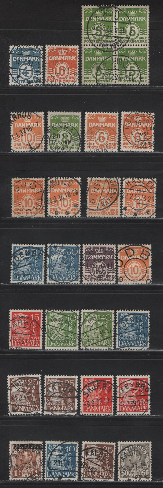 Lot 111 Denmark SC#222-223, 224c, 227a, 228, 230, 236, 238-a,e,j, 239,Q27 5o - 1kr Yellow Green - Brown Numeral - Parcel Post, 1933-1941 Numeral - Parcel Post Issues, 27 Very Fine Used Singles, Types 1 & 2, All With SON Cancels