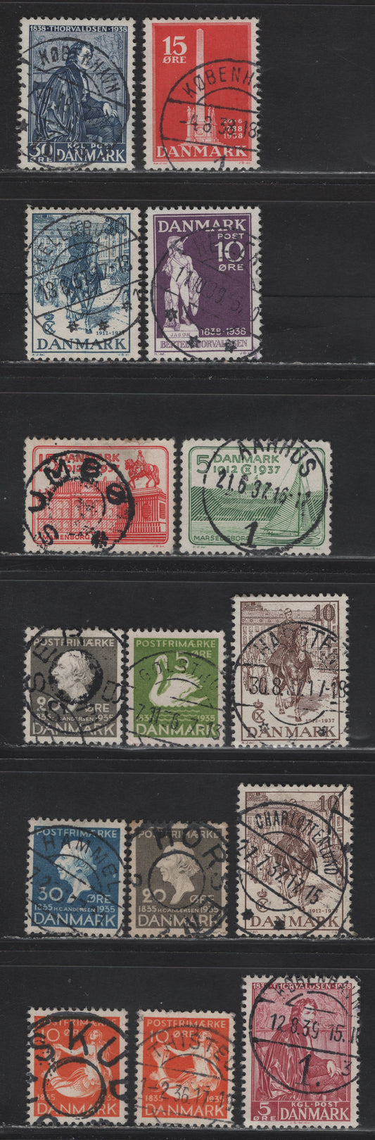 Lot 112 Denmark SC#248, 248, 250-251, 258-262, 264-266 5o - 30o Yellow Green - Dark Blue Hans Christian Andersen - Bertel Thorvaldsen, 1935-1938 Hans Christian Andersen - Bertel Thorvaldsen Issues, 15 Very Fine Used Singles, SON CDS Town Cancels